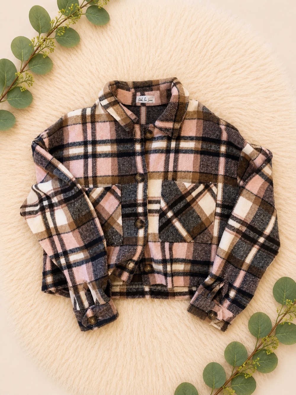 Plaid Button-Up Shacket in Pink, Brown & Cream
